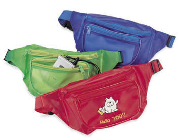 Mave- eller bæltetasker - efter opgave. 5 mm. PVC, 9" W x 4.5" H, 3 Trykareal: 5"W x 2"H Standardfarver: Royal, Orange, Lime Green 